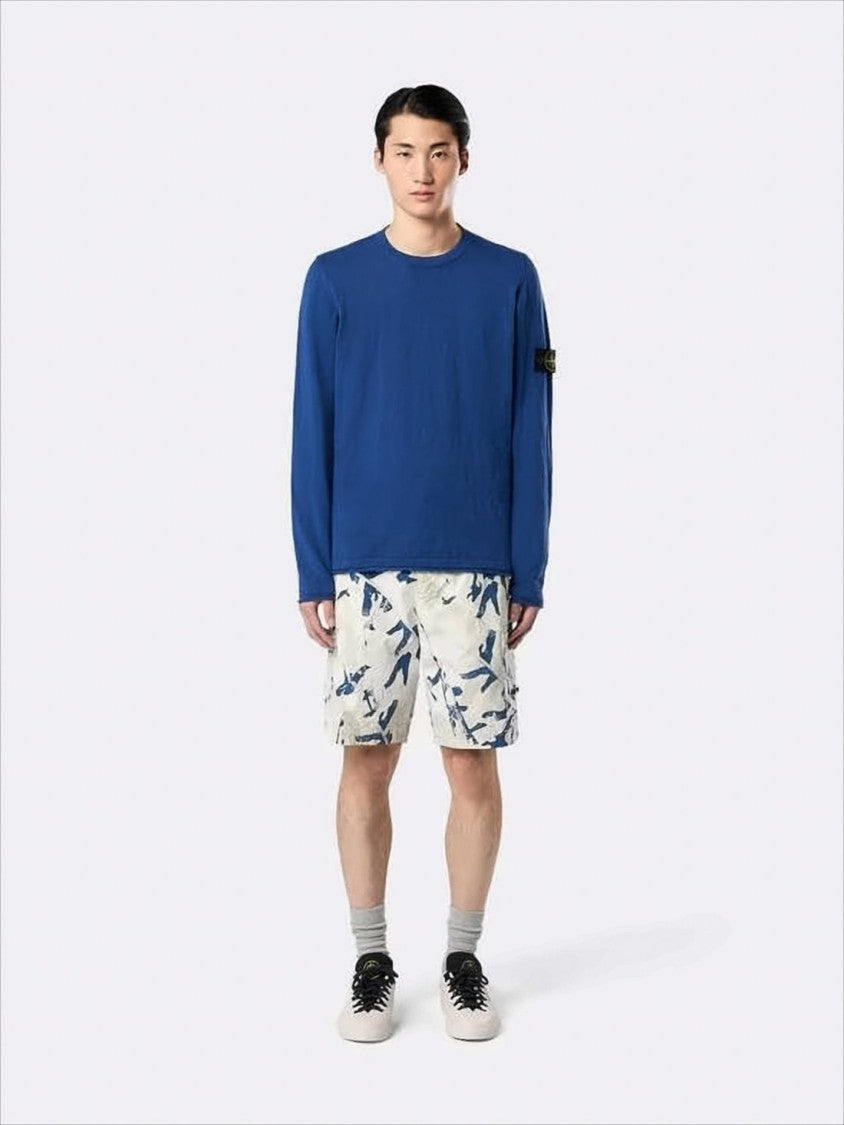 Stone Island Crew Neck Blue Sweater With Unique Sleeve Logo