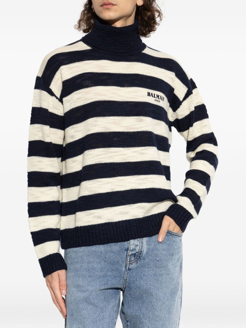 Balmain Navy/Off-White Horizontal Stripe Knit Sweater