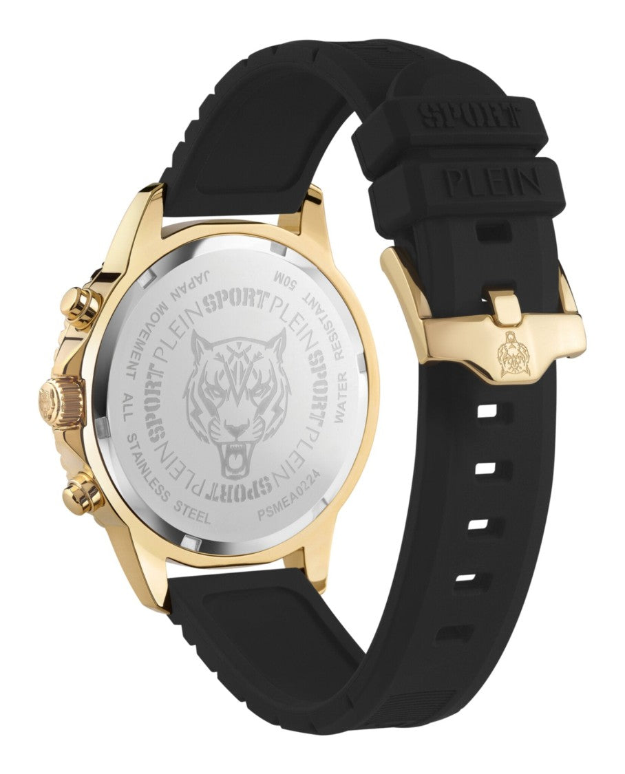 Plein Sport Chronograph Ip Yellow Gold Watch With Textured Black Silicone Strap