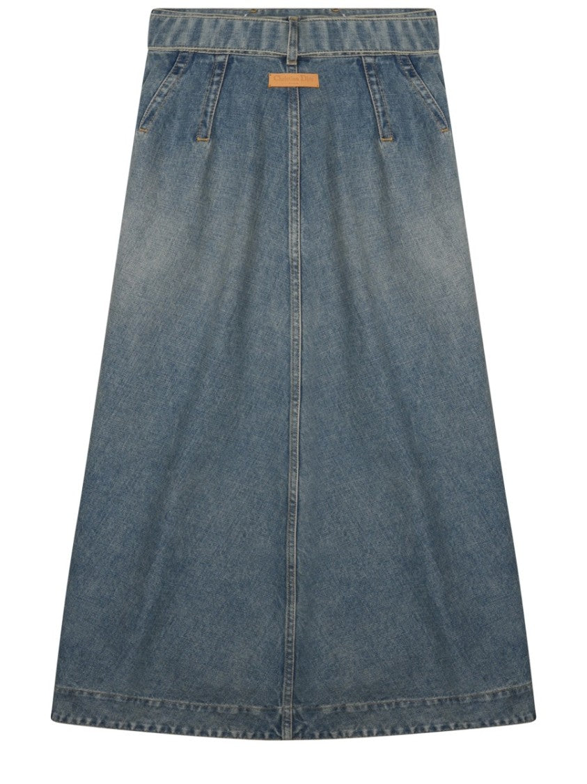 Dior A-Line Midi Denim Skirt With Button Closure And Matching Belt