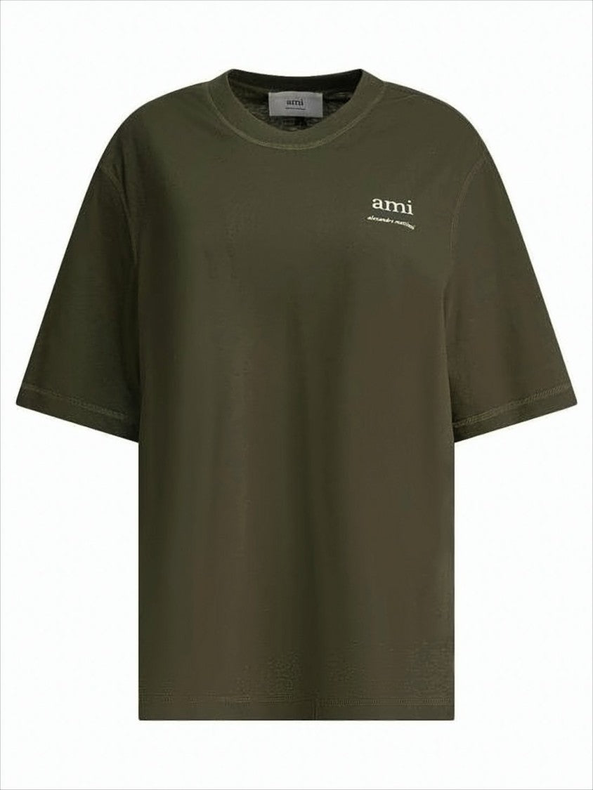 Ami Boxy-Fit Green Cotton T-Shirt With Logo Detail