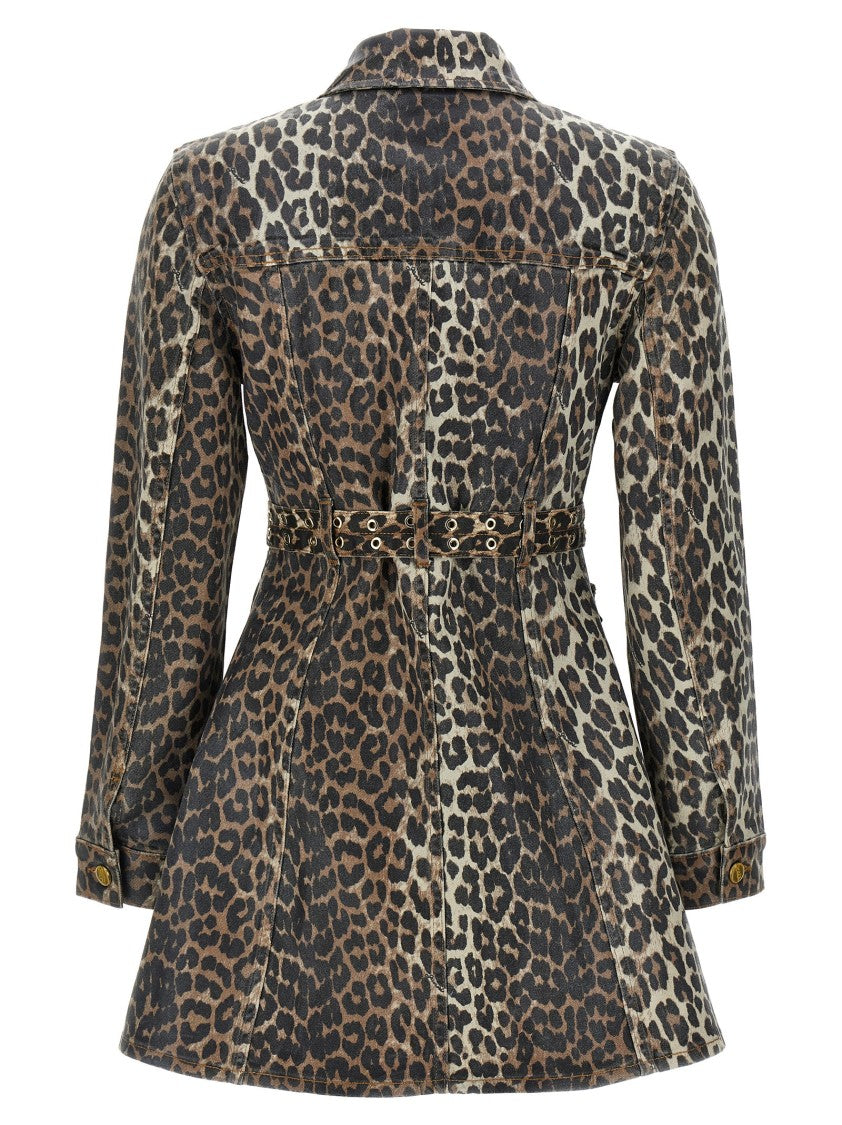 Ganni Leopard Print Cotton Denim Mini Dress