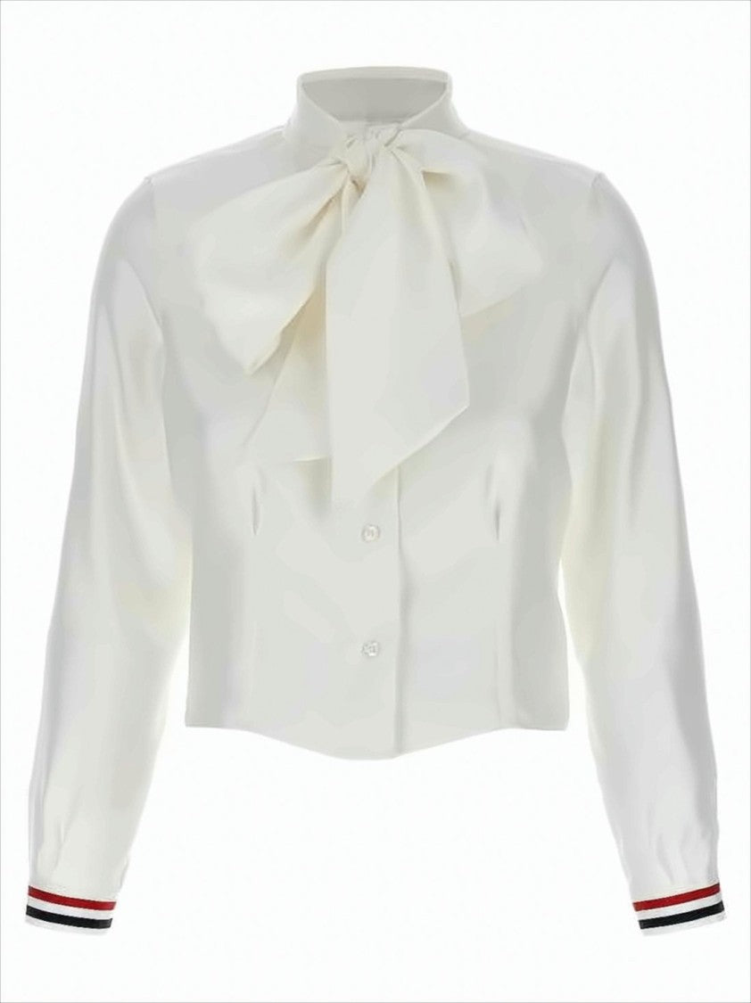 Thom Browne Cropped Silk Blouse With Elegant Bow And Striped Accents