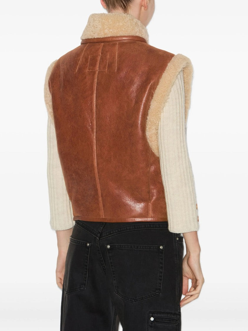Isabel Marant Cropped Brown Leather Jacket With Plush Shearling Detailing