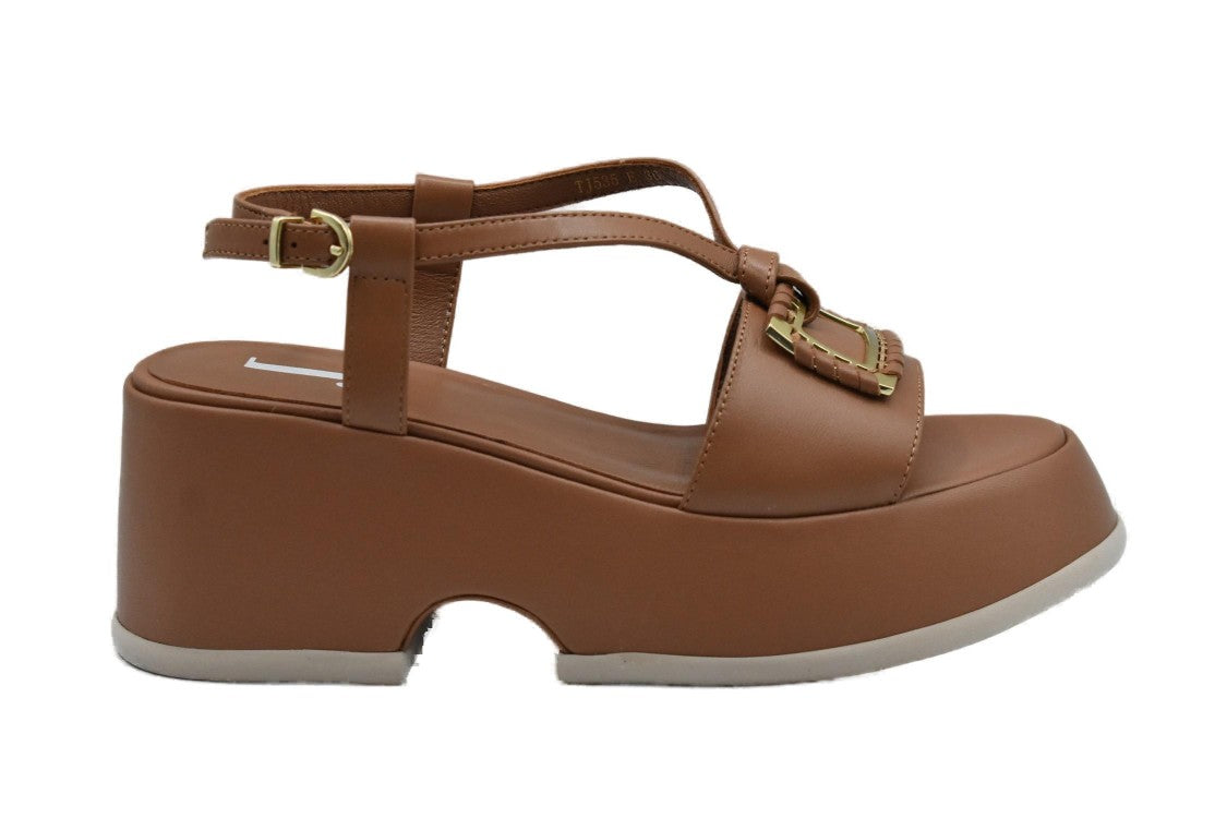 Jeannot Brown Leather Sandals With Decorative Buckle And Chunky Heel