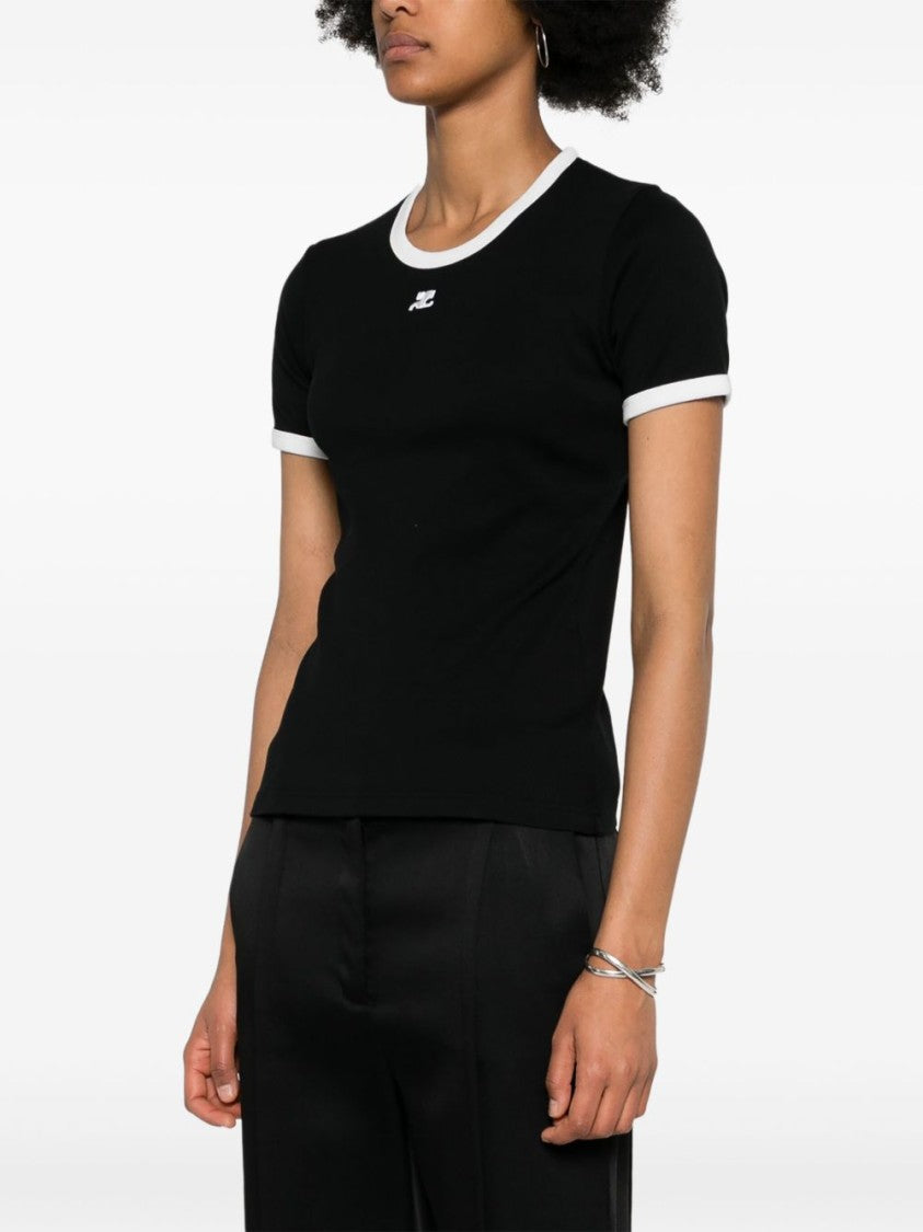 Courrèges Black Ribbed Border Cotton Crew Neck Top