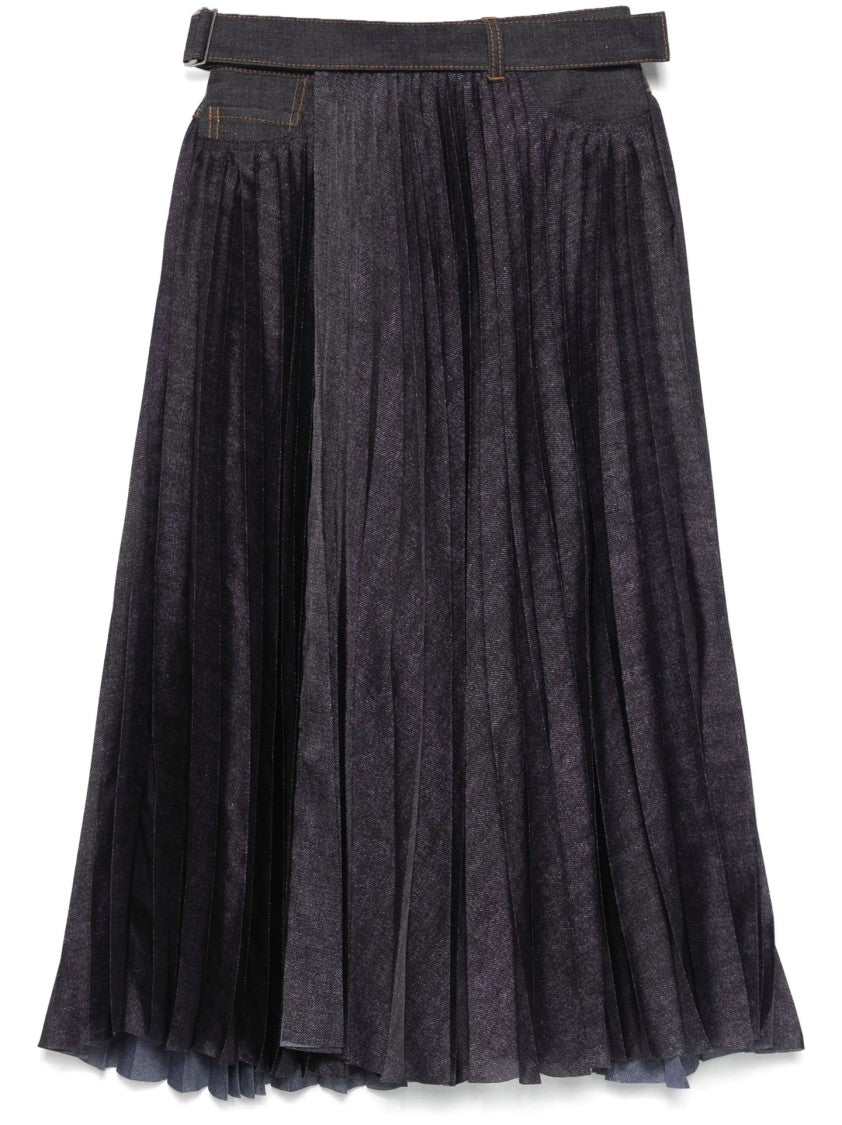 Sacai Pleated Grey Skirt With Denim And Soft Fabric Construction