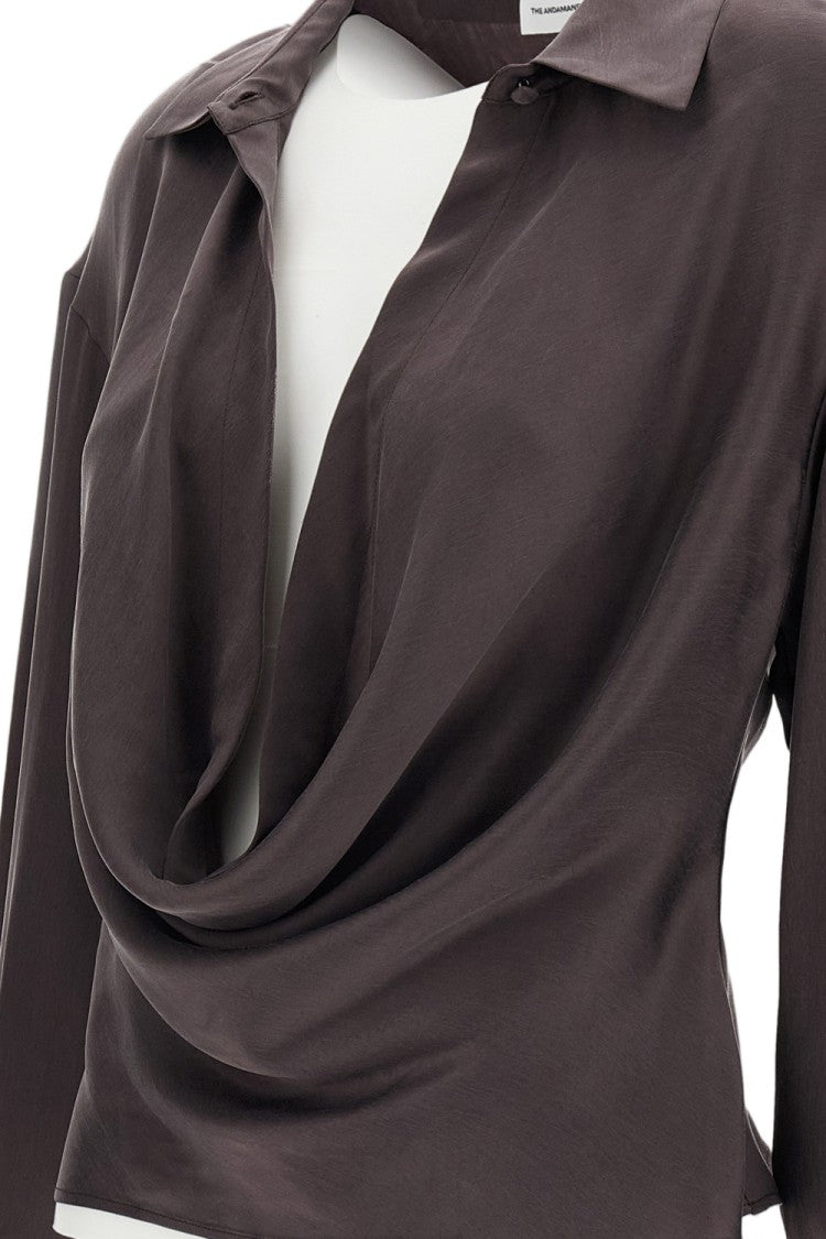 The Andamane Brown Satin Lilia Deep V Blouse