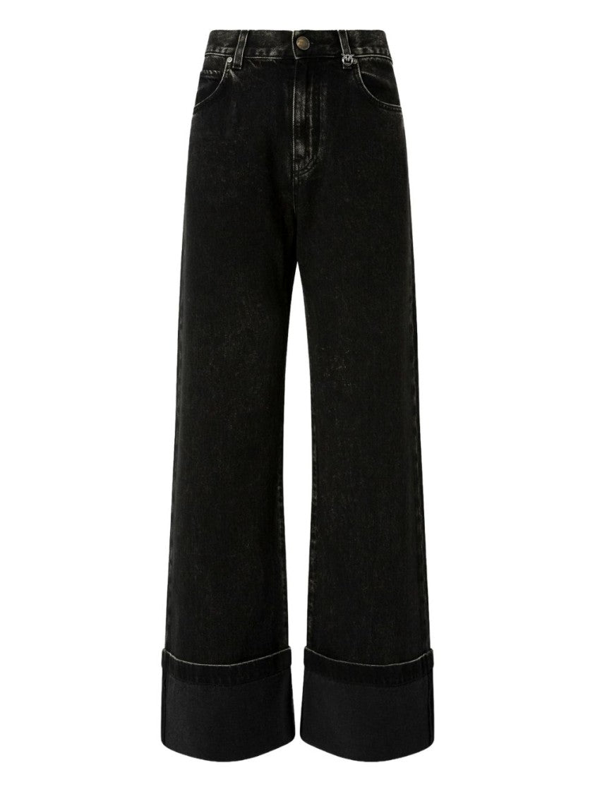 Pinko Wide-Leg Black Denim Jeans With Turn-Up Hems