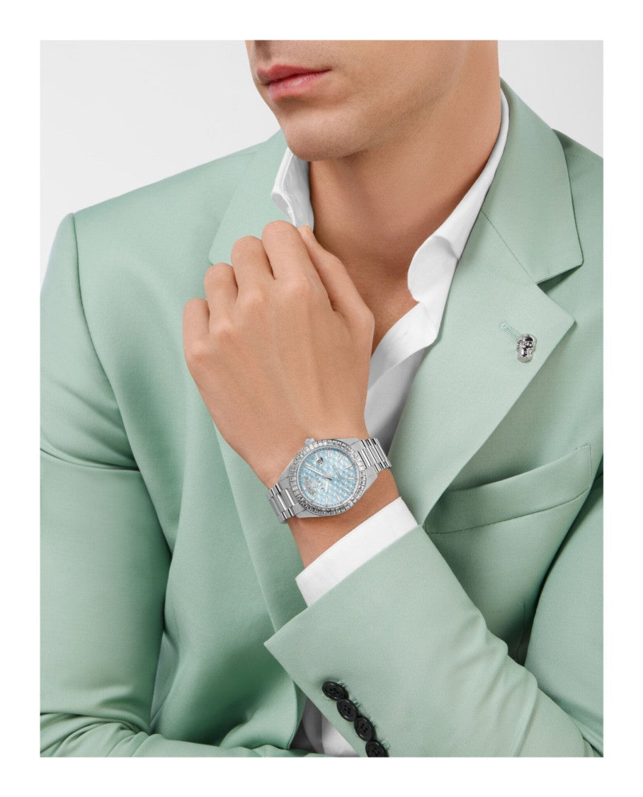 Philipp Plein Date Superlative Crystal Watch With Blue Guilloche Dial