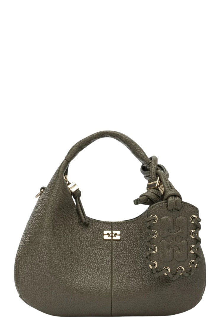 Ganni Green Mini Grained Removable Strap Polyester Hobo Handbag