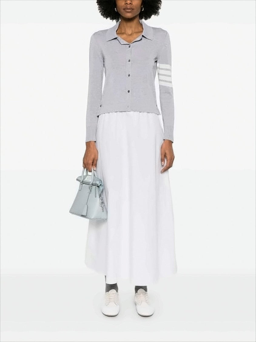 Thom Browne Light Grey Knit Sweater With Classic Collar And Striped Accents