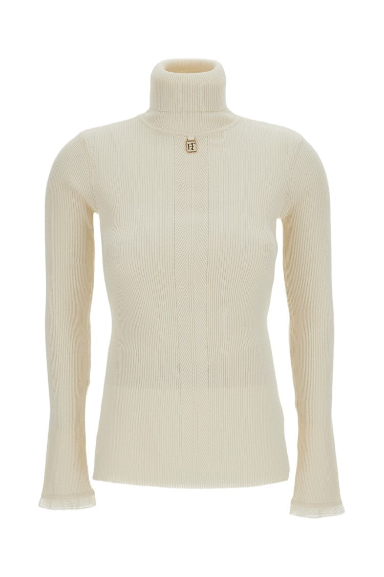 Elisabetta Franchi White Ribbed Stretch Turtleneck Sweater