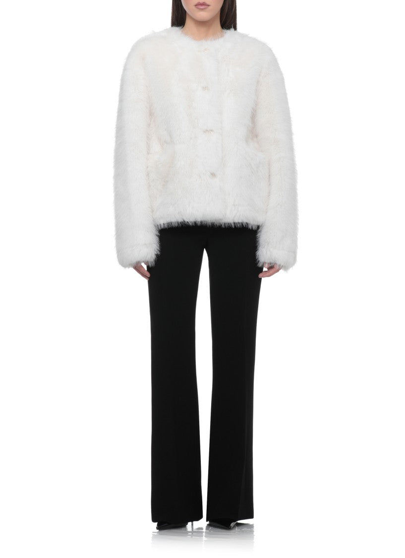 Stand Studio Cropped White Faux Fur Jacket With Plush Texture