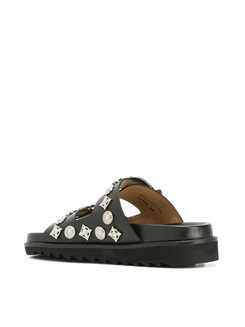 Toga Black Leather Slide Sandals With Metallic Buckles And Studs