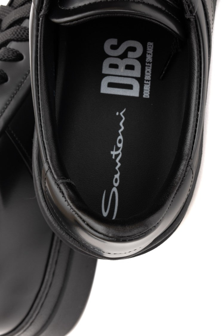 Santoni Double-Buckle Brushed Calf Leather Sneakers