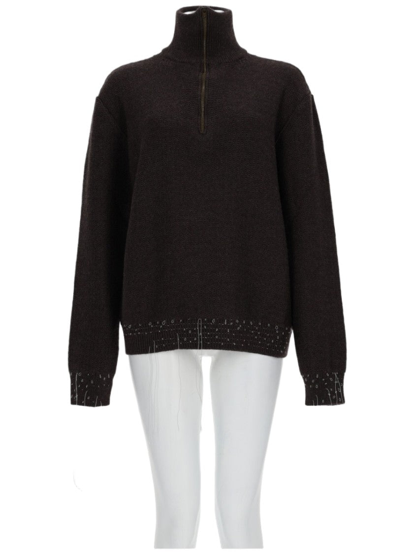 Maison Margiela Black Distressed High-Collar Zippered Wool Sweater