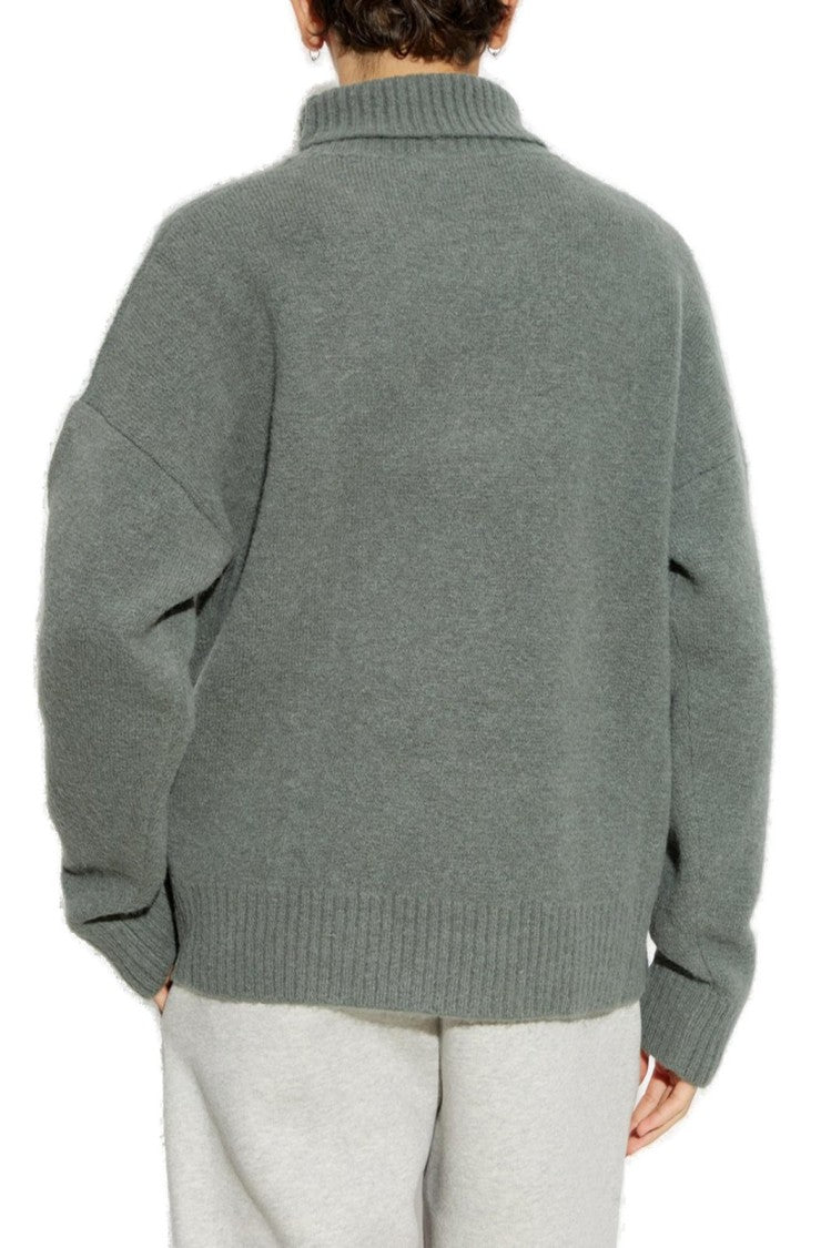 Ami Paris Grey Turtleneck Sweater With Ribbed Details And Heart Logo