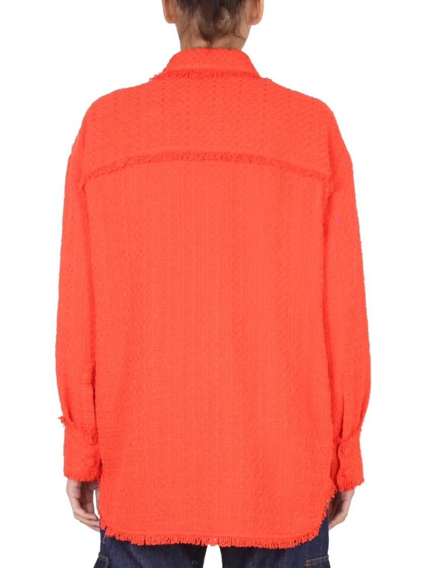Msgm Textured Button-Up Shirt With Fringe Detailing