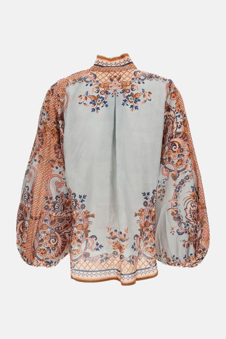 Zimmermann Paisley Floral Pure Silk Blouse With Self-Tie Neck Detail