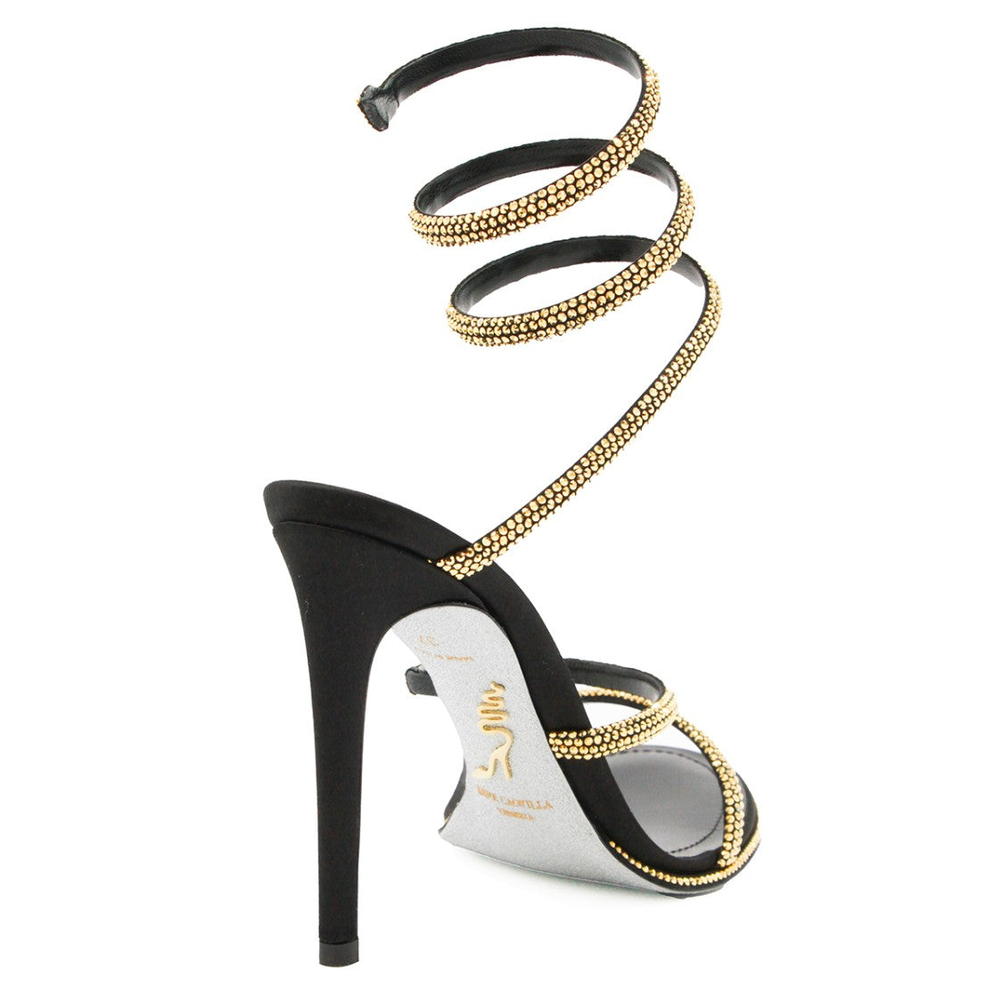 René Caovilla Black Leather Strass Sandals