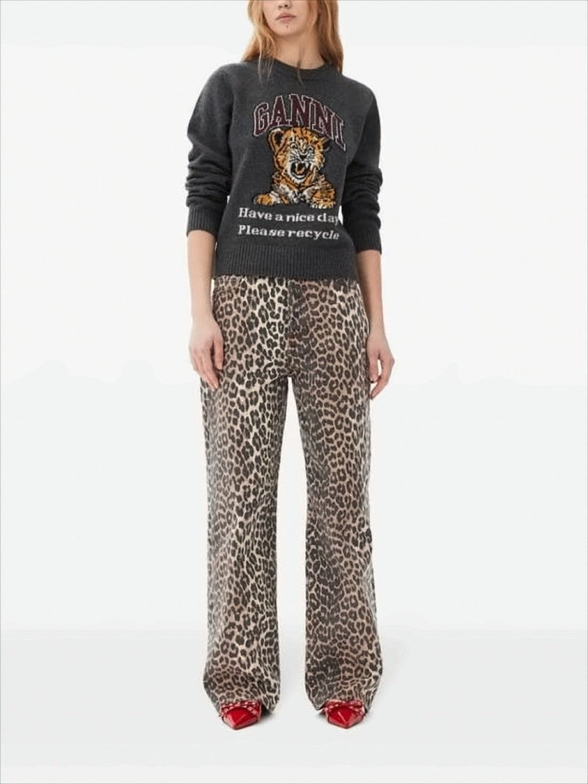 Ganni Wide-Leg Leopard Print Organic Cotton Pants