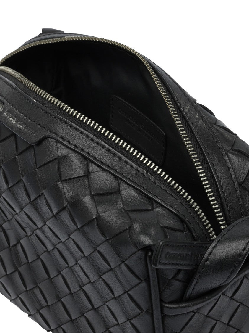 Officine Creative Rectangular Woven Leather Pouch With Textured Design