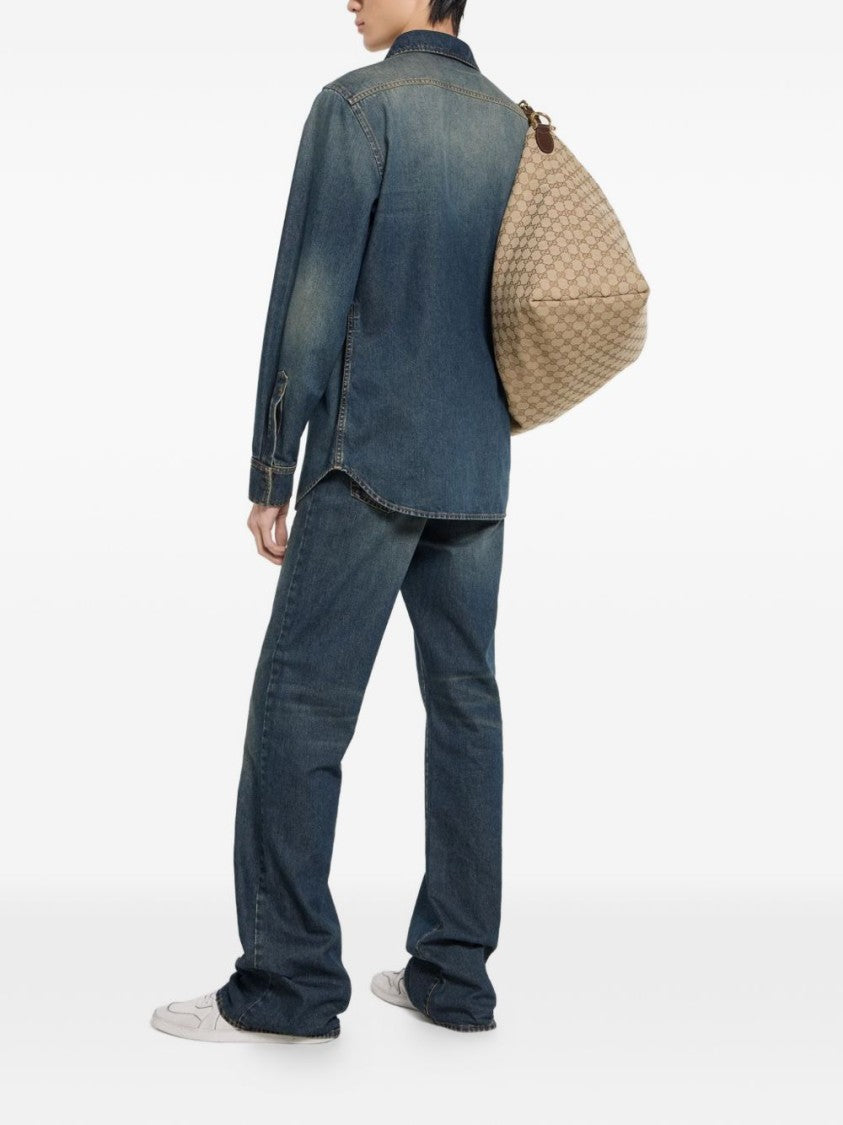Gucci Blue Washed Cotton Crest Denim Shirt