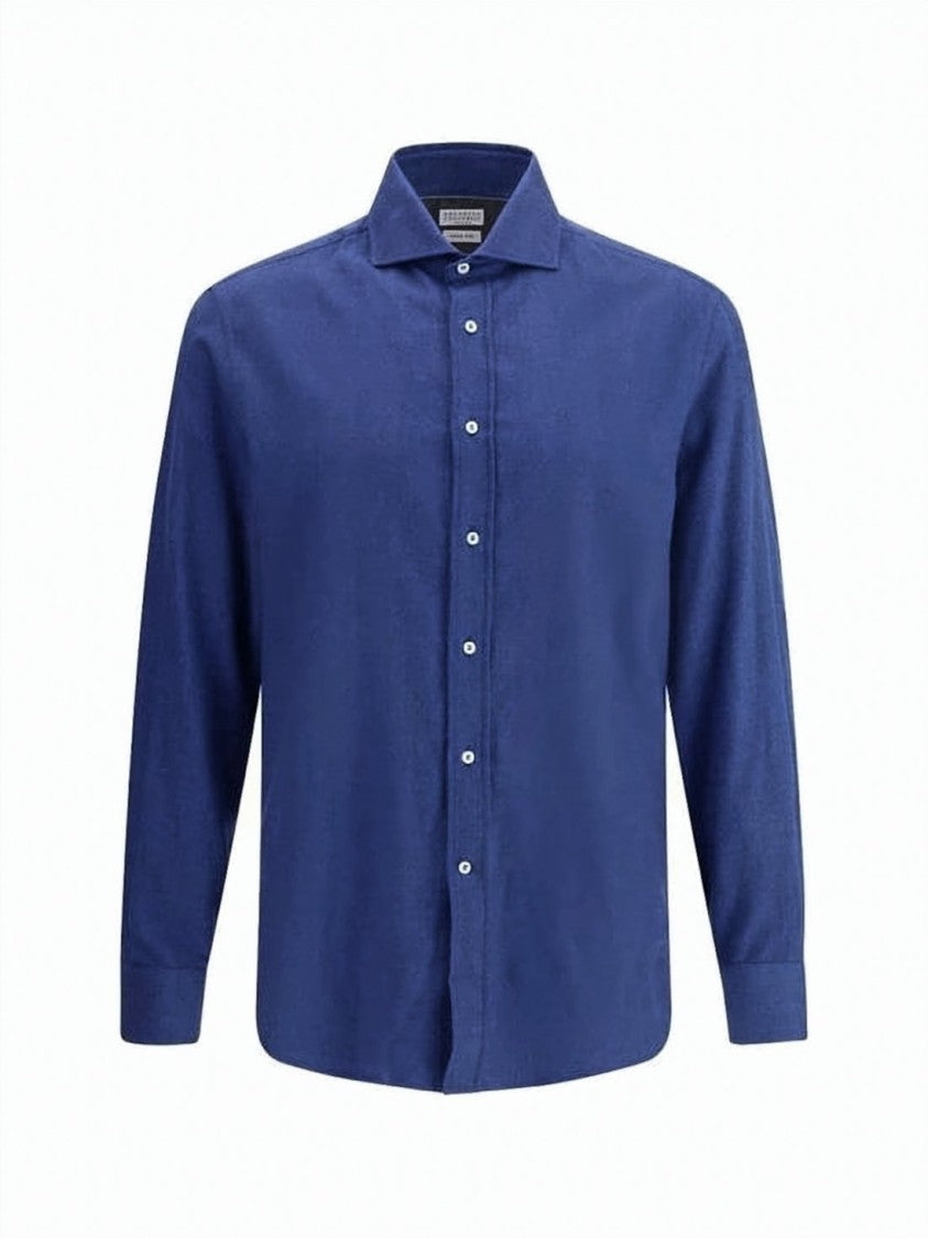 Brunello Cucinelli Long-Sleeve Cotton And Lyocell Blue Shirt With Tailored Silhouette