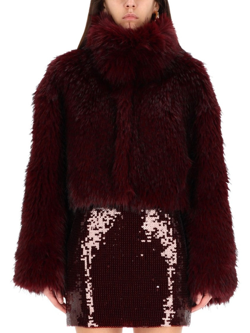 Rotate Birger Christensen Cropped Faux Fur Coat In Rich Bordeaux Hue