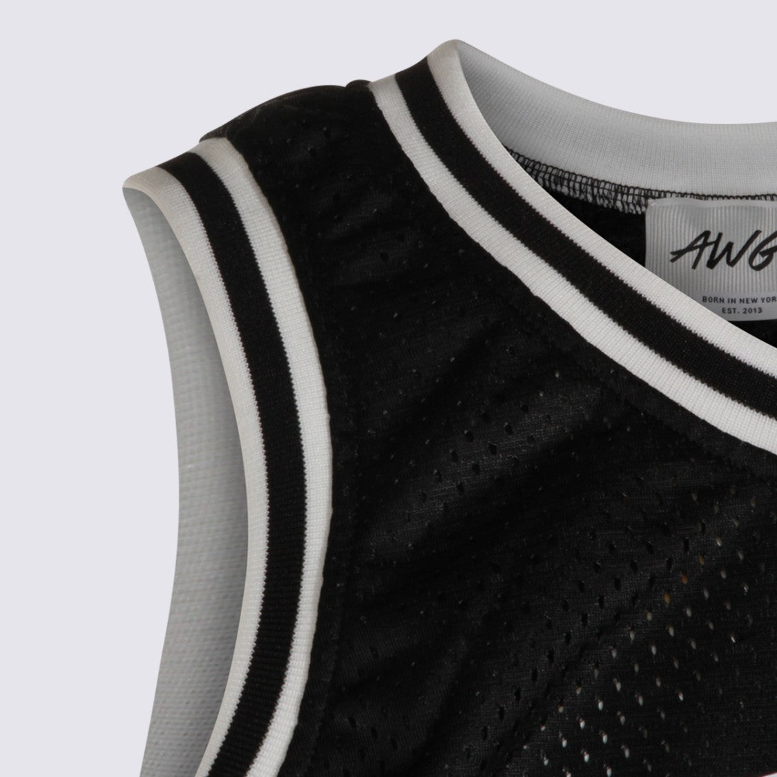Awge Sleeveless Black Mesh Top With Striped Trim