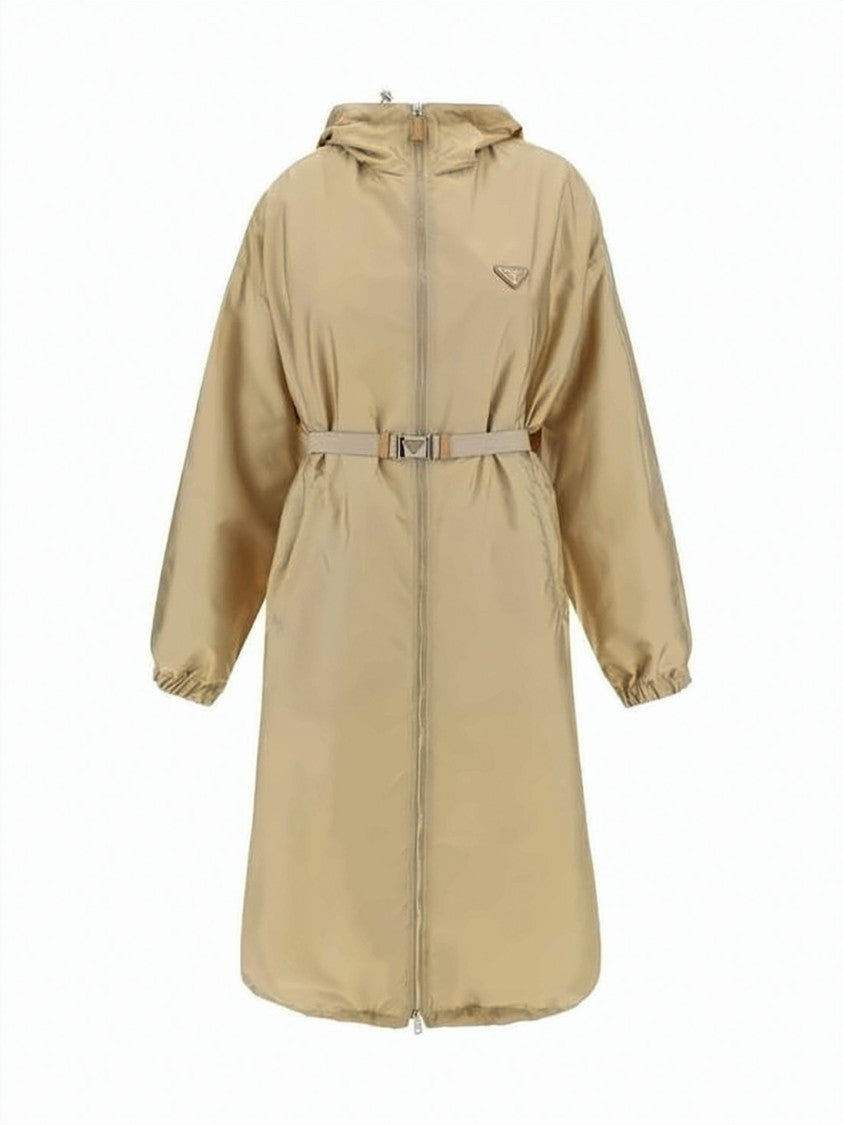 Prada Hooded Casual Jacket With Belted Waist And Triangular Logo