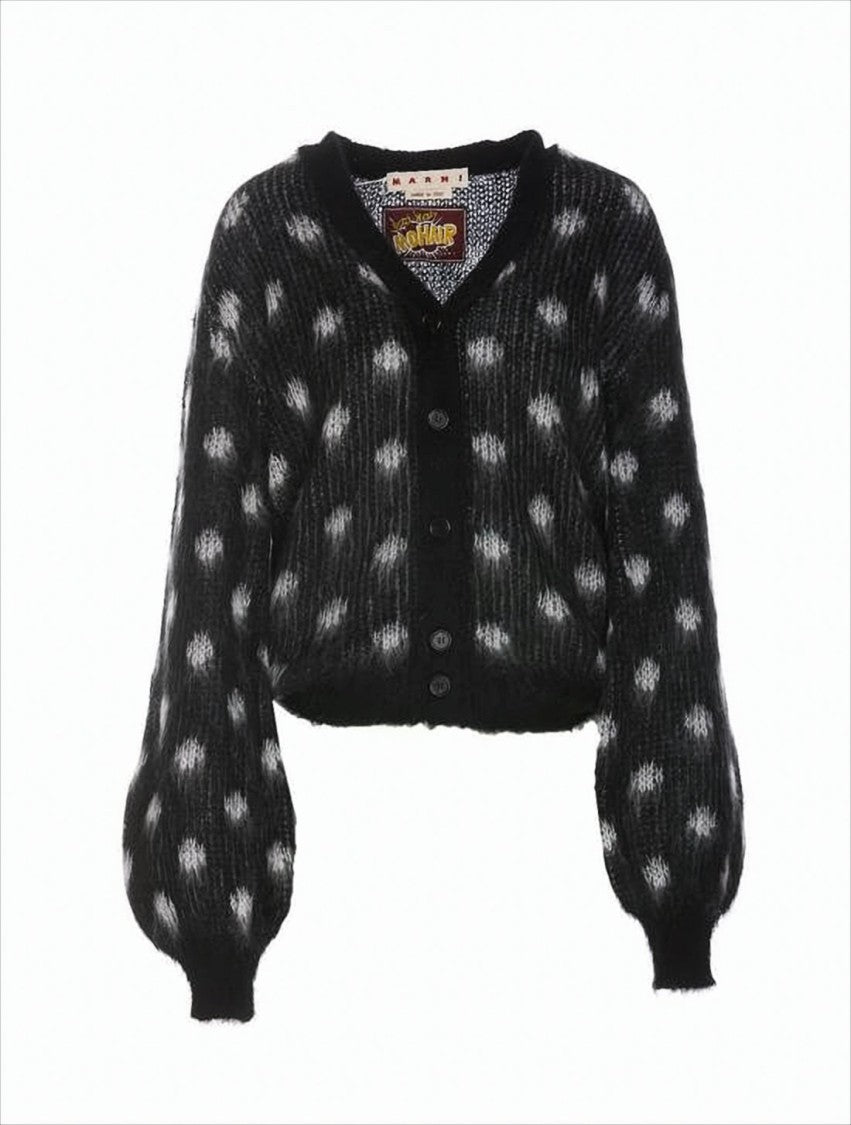 Marni Fuzzy Knit Cardigan With Polka Dot Design And Voluminous Sleeves