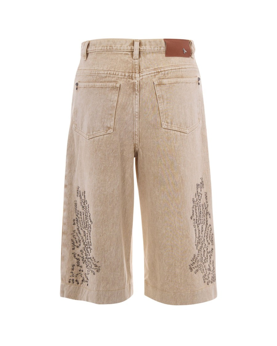 Patrizia Pepe Beige Rhinestone Vintage Cotton Denim Shorts