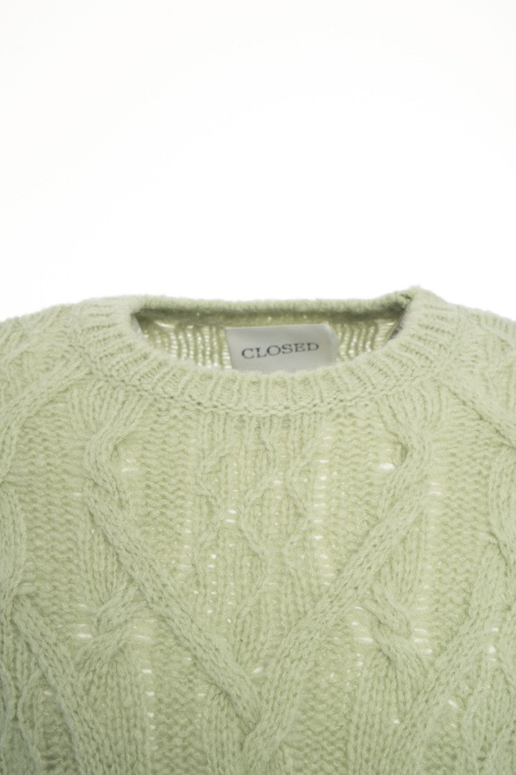 Closed Green Cable Knit Sweater With Round Neckline And Ribbed Hems