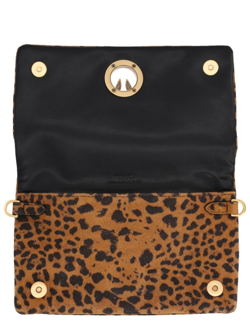 Pinko Leopard Print Gold Emblem Clutch Bag