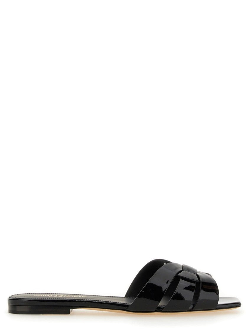 Saint Laurent Black Glossy Calfskin Flat Tribute Sandals