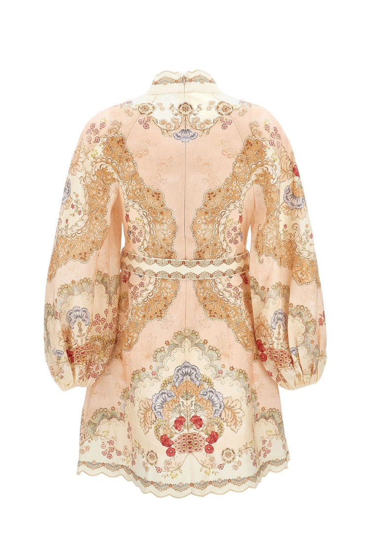 Zimmermann Linen Mini Dress With Floral Print And Scalloped Edges
