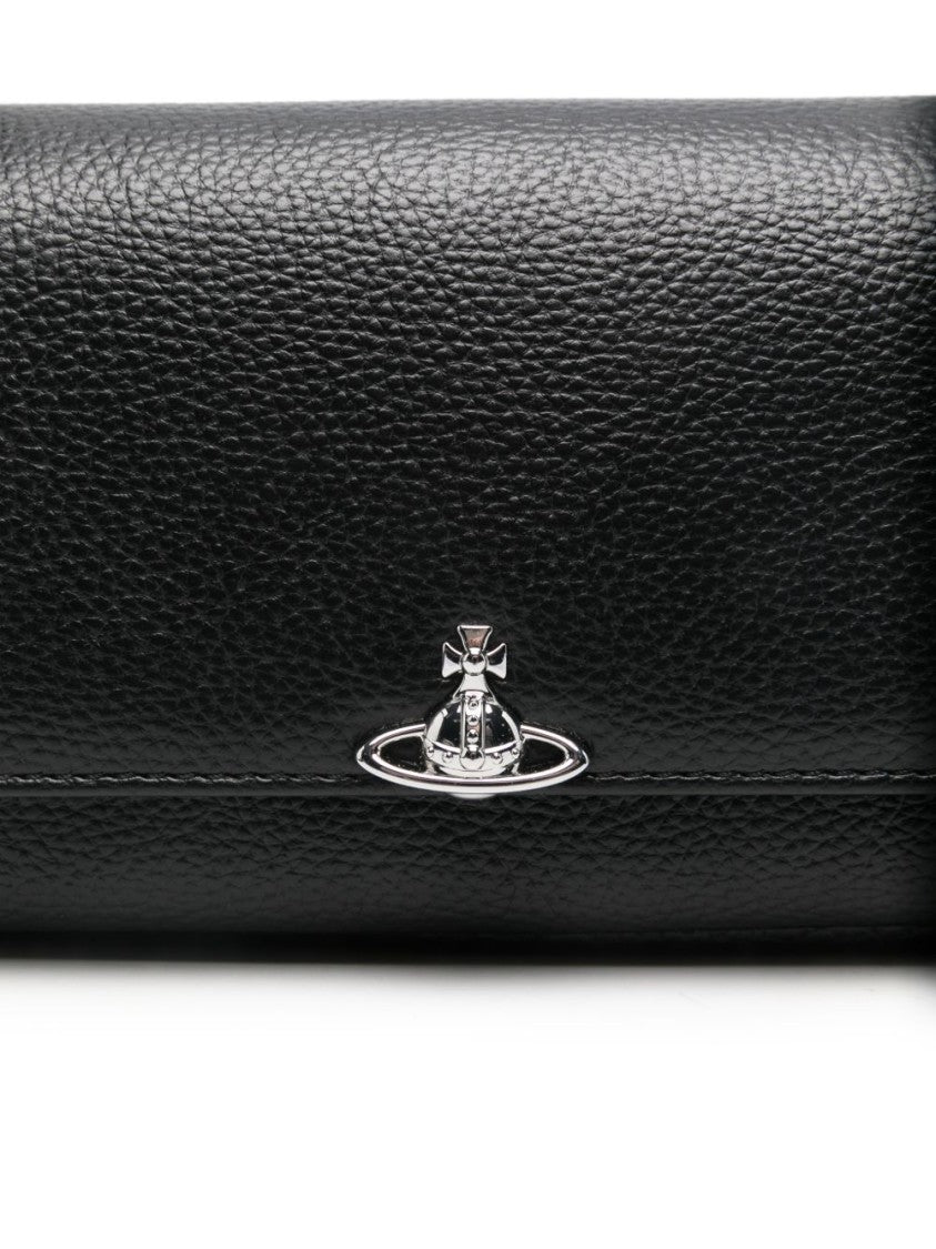 Vivienne Westwood Pebbled Black Leather Shoulder Bag With Silver Emblem