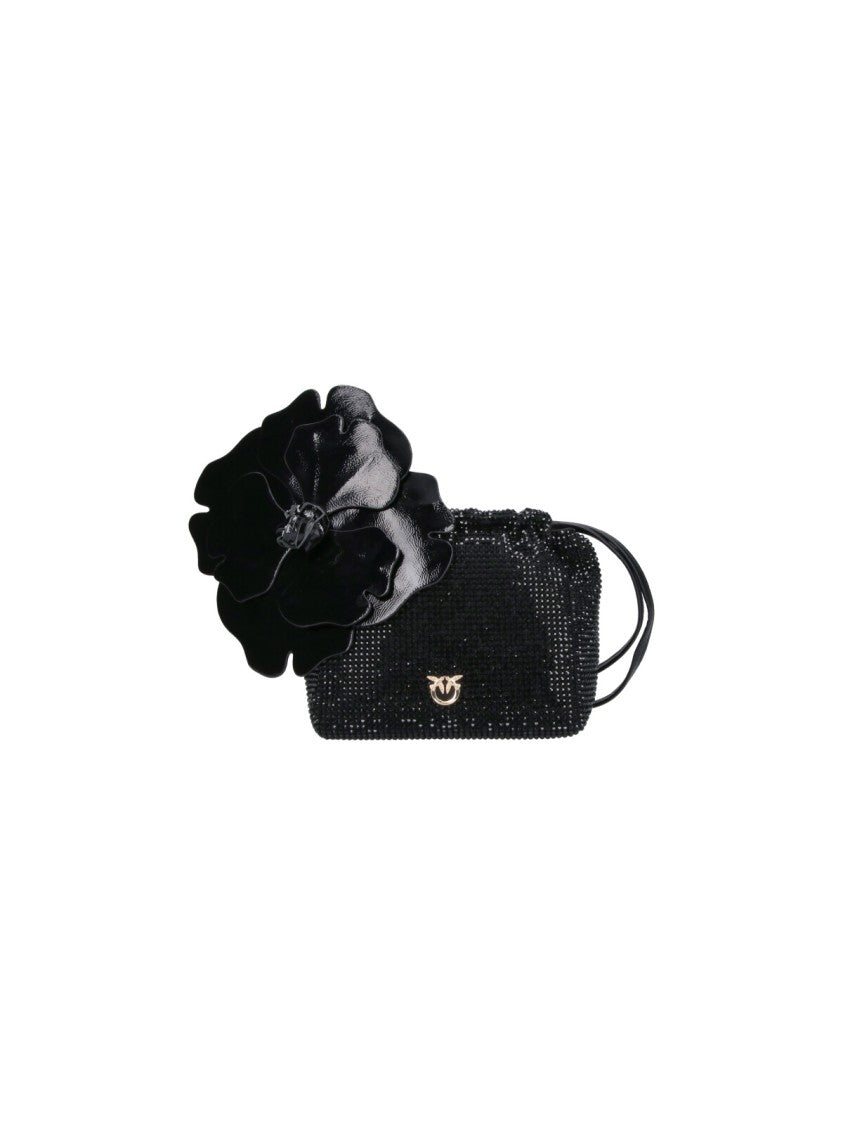 Pinko Black Rhinestone Flower Drawstring Fabric Clutch