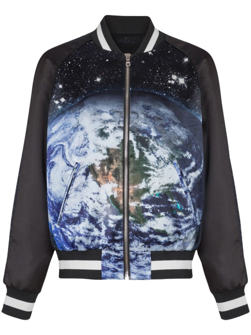 Balmain Black Graphic Earth Print Bomber Jacket