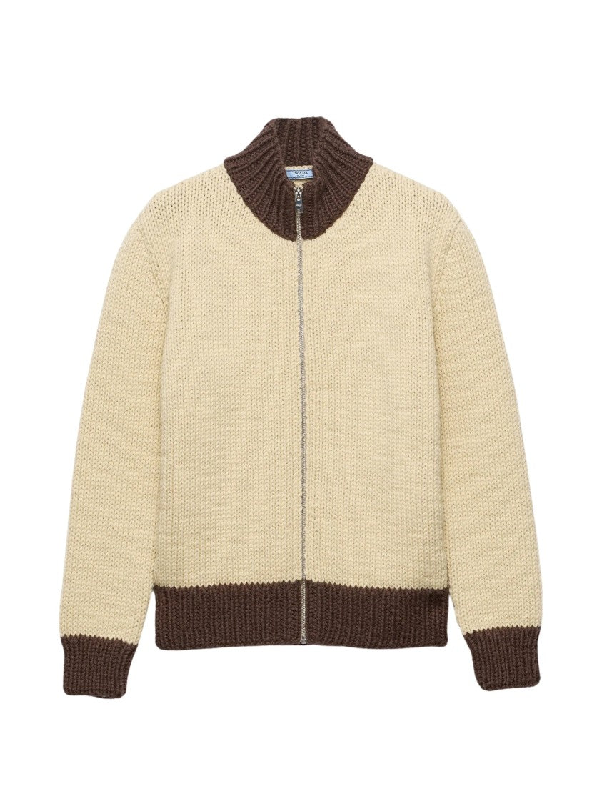 Prada Zipper Cardigan With Contrast Ribbed Details And Triangle Logo