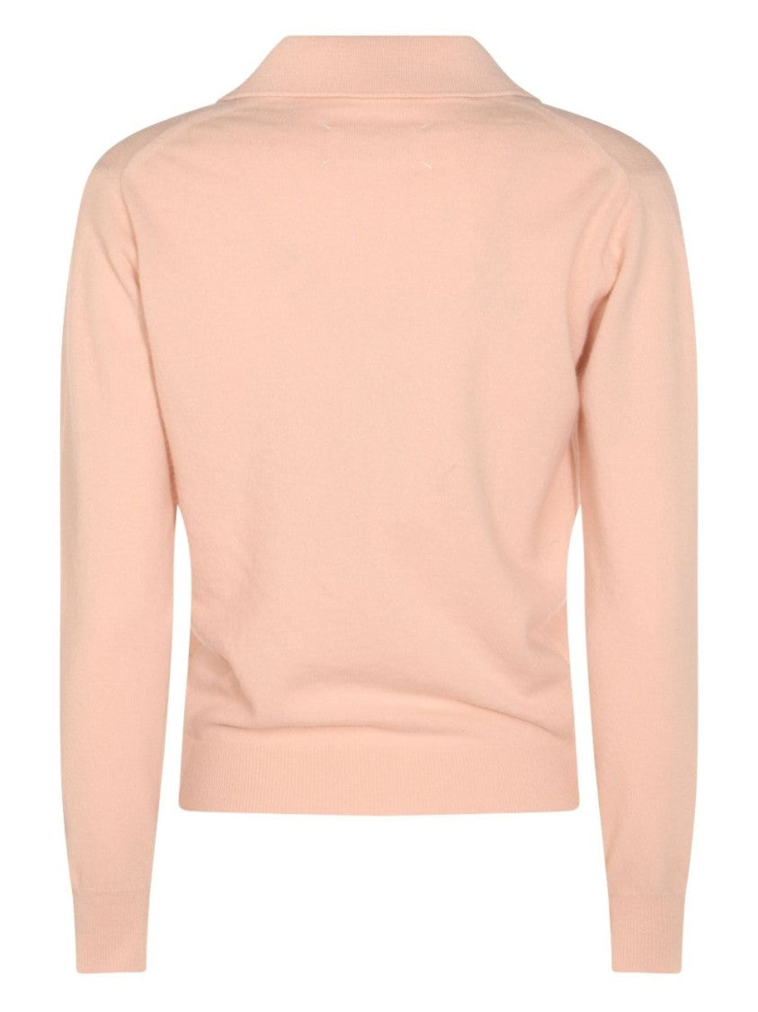 Maison Margiela Light Pink Wool Polo Shirt With Open Collar And Ribbed Edges