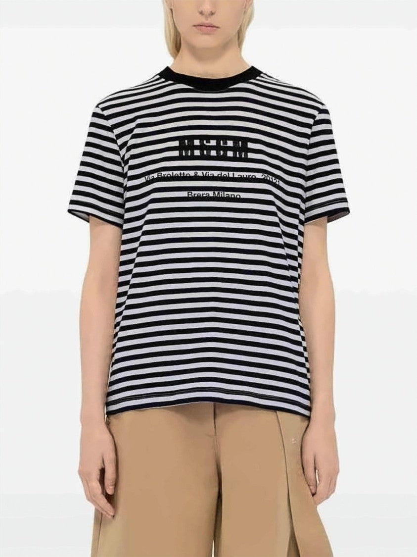 Msgm Horizontal Striped Short-Sleeve T-Shirt With Printed Logo