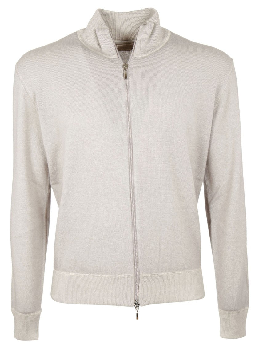 Doriani Beige Zip-Through Sweater With Ribbed Stand Collar