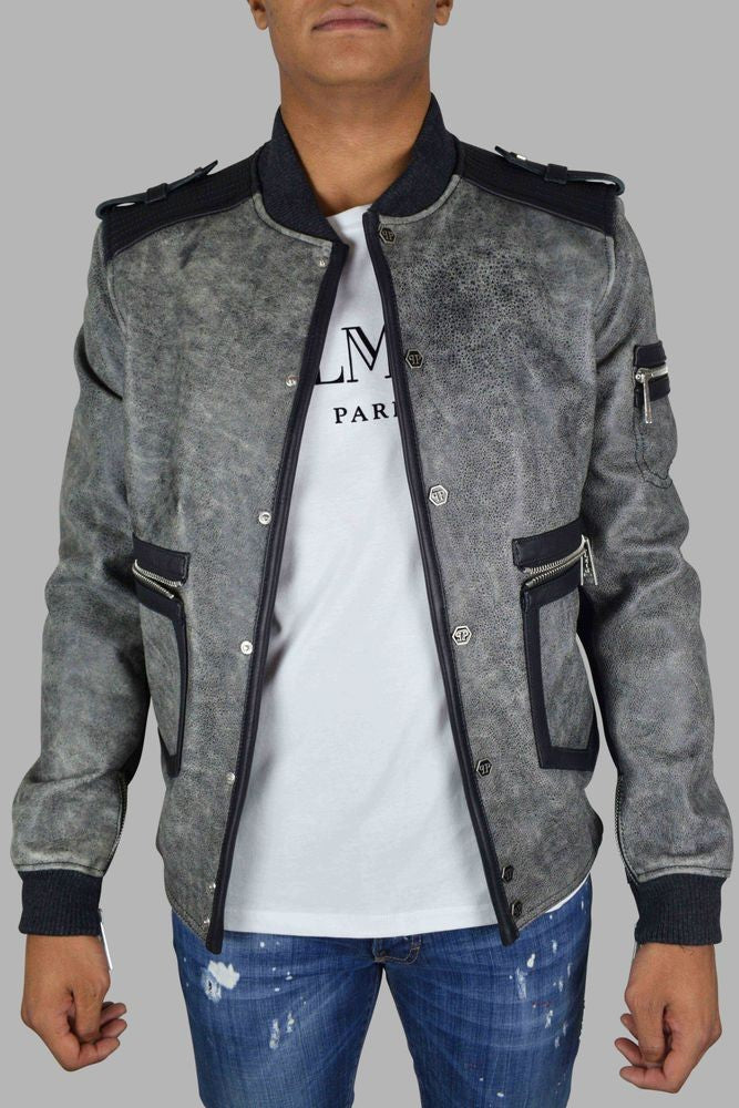 Philipp Plein Aged Gray Leather Jacket