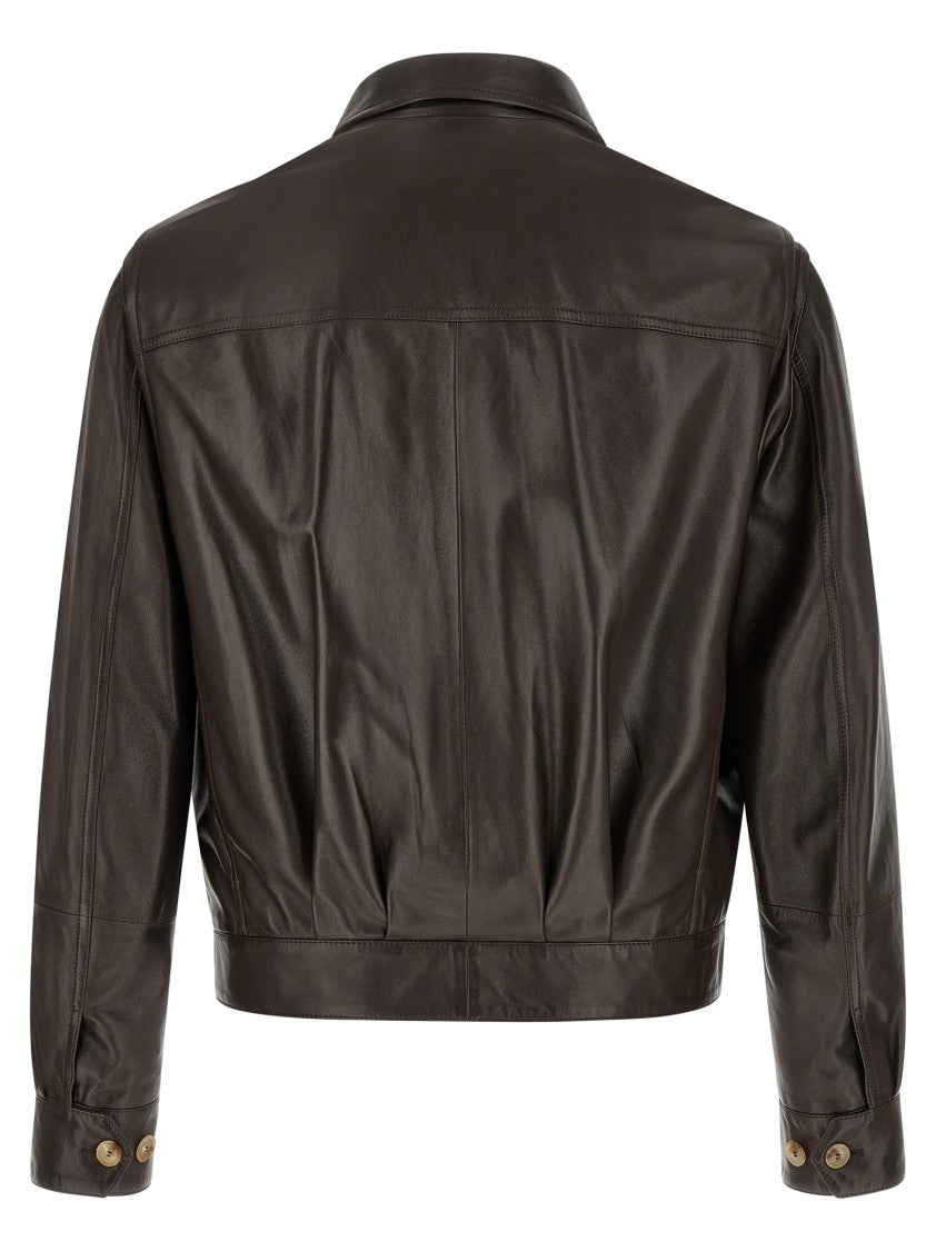 Brunello Cucinelli Structured Brown Nappa Leather Jacket With Classic Shirt Collar
