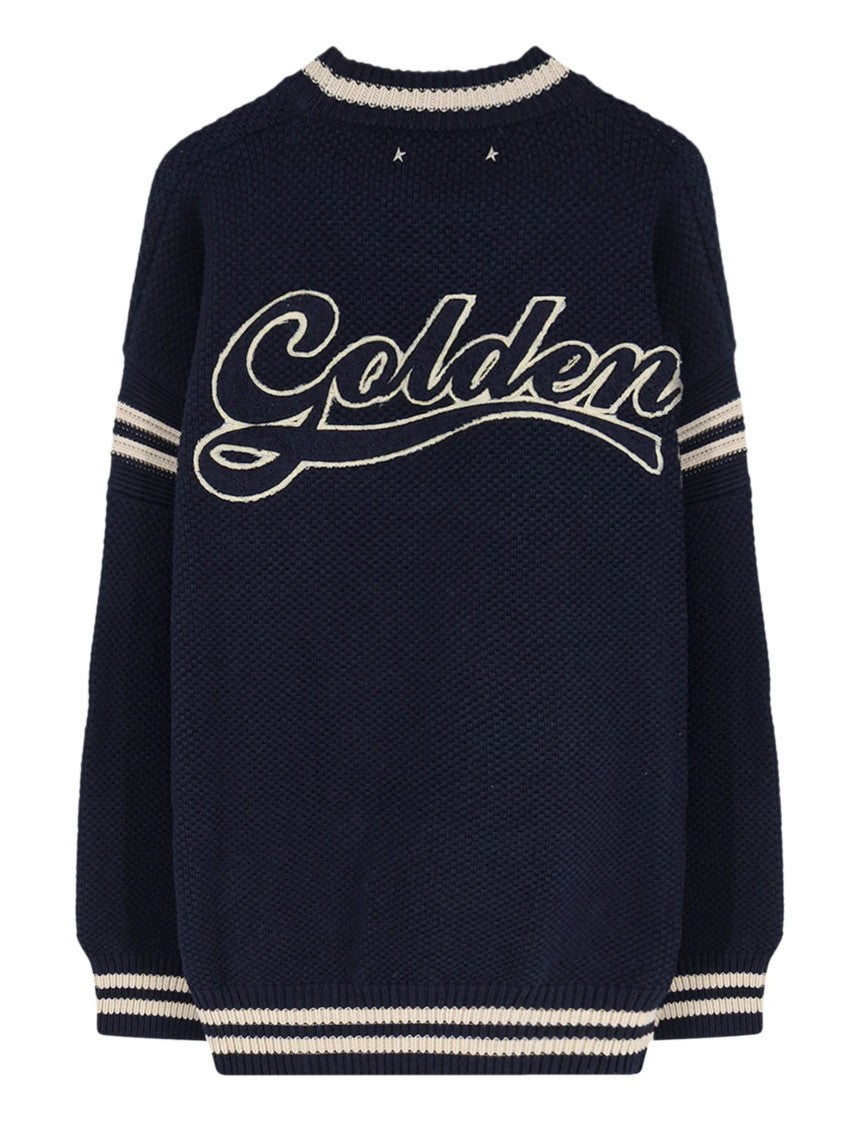 Golden Goose Navy Distressed Logo Textured Striped Sweater