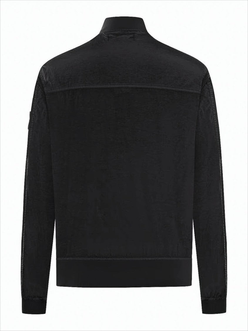 Stone Island Minimalistic Black Bomber Jacket With Silver Zipper And Ribbed Details