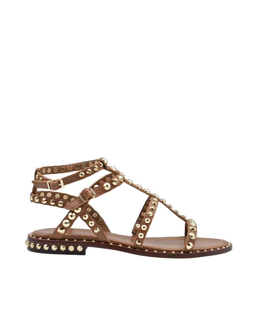 Ash Flat Sandal With Gold Studs And Ankle Strap